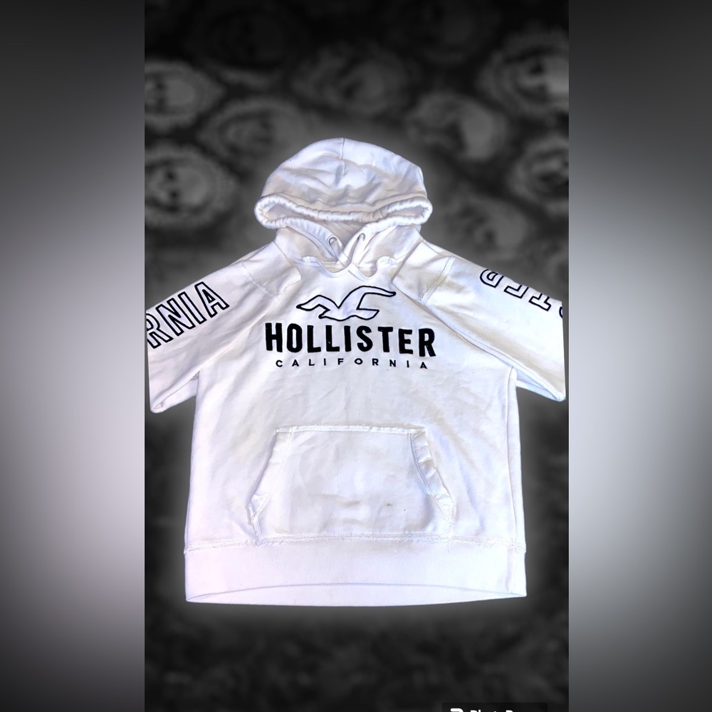 small HOLLISTER pull over hooded sweater WHITE with black brand on sleeves!